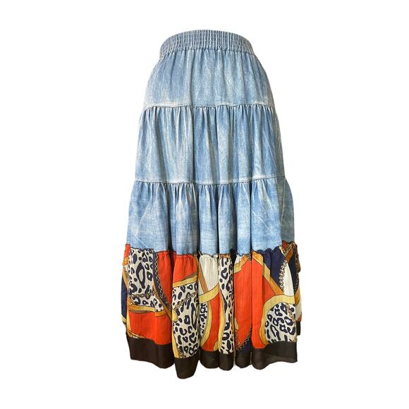 Womens Trapeze Dress Skirt Blue Strapless Tiered Elastic Denim Pullover Flowy M - Picture 1 of 8